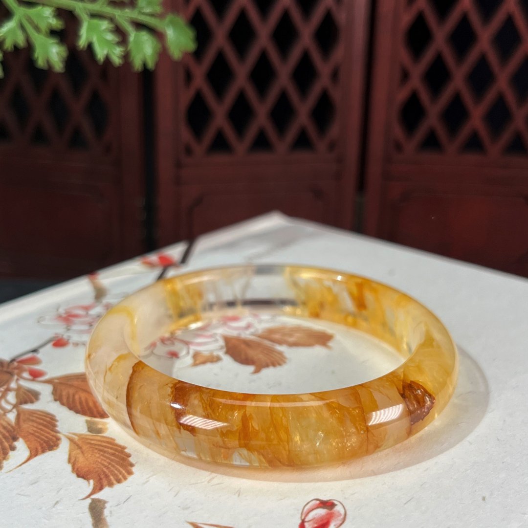 异象冰透黄胶花手镯50+MM 焦花镯星光彩虹光黄色水晶手环 助人缘 - 手链/手环 - 水晶 黄色