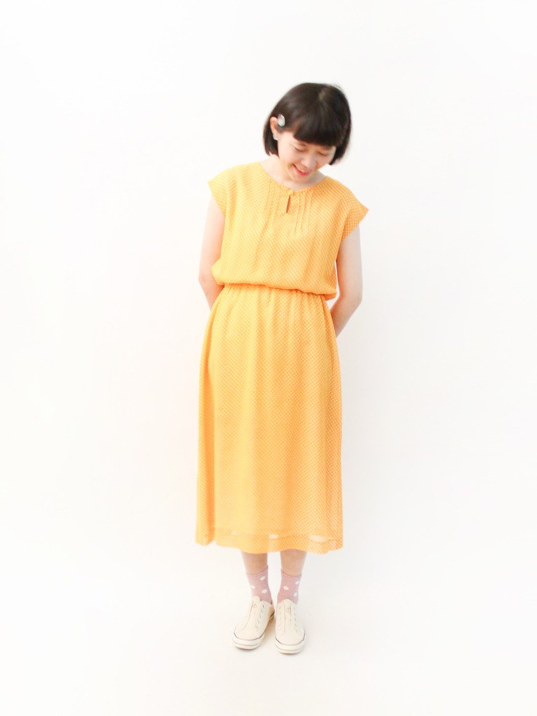 日本制复古可爱芒果黄圆点点短袖古着洋装 JapaneseVintage Dress - 洋装/连衣裙 - 聚酯纤维 橘色