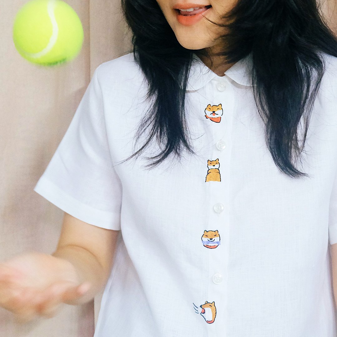 Chiba Inu White Linen Shirt - 女装衬衫 - 棉 白色