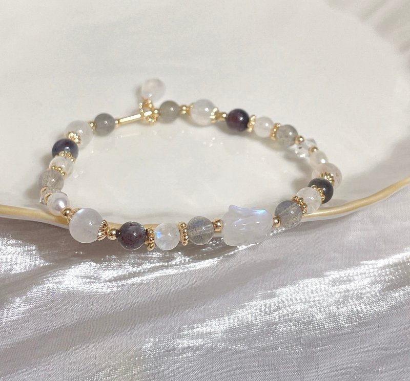 兔子蓝月光石/赫基蒙水晶/星辉骨干太阳石/拉长石/淡水珍珠/手环 - 手链/手环 - 其他金属 白色