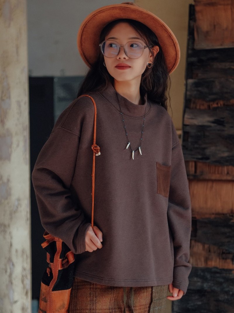 棕咖色 純棉衛衣基礎款上衣 寬松長袖休閒T恤 - 女装 T 恤 - 棉．麻 咖啡色