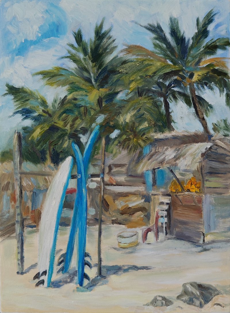 画布上的原创油画海滩和冲浪 - 墙贴/壁贴 - 其他材质 