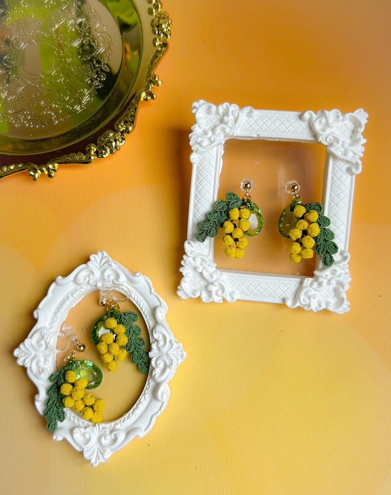 细工布花 金合欢 mimosa 耳环/耳夹 - 耳环/耳夹 - 其他人造纤维 黄色