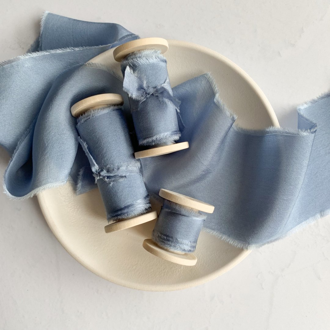 Dusty Blue Silk Ribbon / Hand Dyed Silk ribbon on Wood Spool - 包装材料 - 丝．绢 蓝色