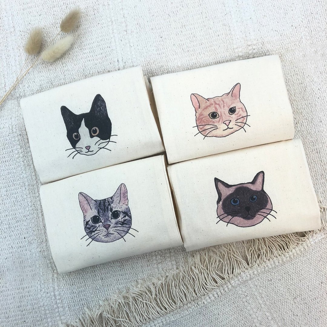 【插画款】\ 2入优惠 / 猫咪百科系列 | 浅浆帆布水壶提袋 - 随行杯提袋/水壶袋 - 棉 白色