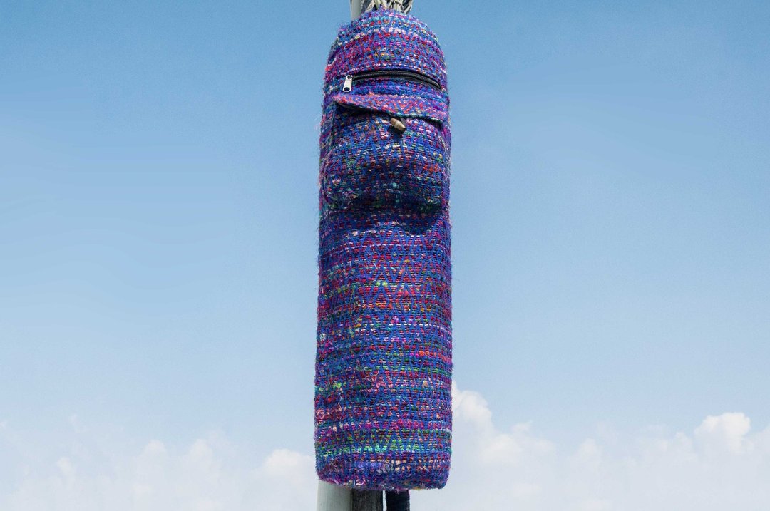编织手感瑜珈垫背包/yoga bag/瑜伽包/编织包-蓝色手捻纱丽丝线 - 侧背包/斜挎包 - 棉 蓝色
