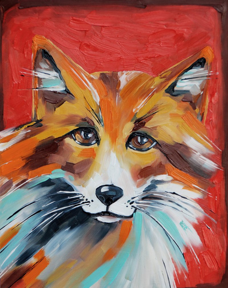Red Fox Painting Animal Original Art Farmhouse Wall Art Small Oil Artwork - 海报/装饰画/版画 - 其他材质 红色
