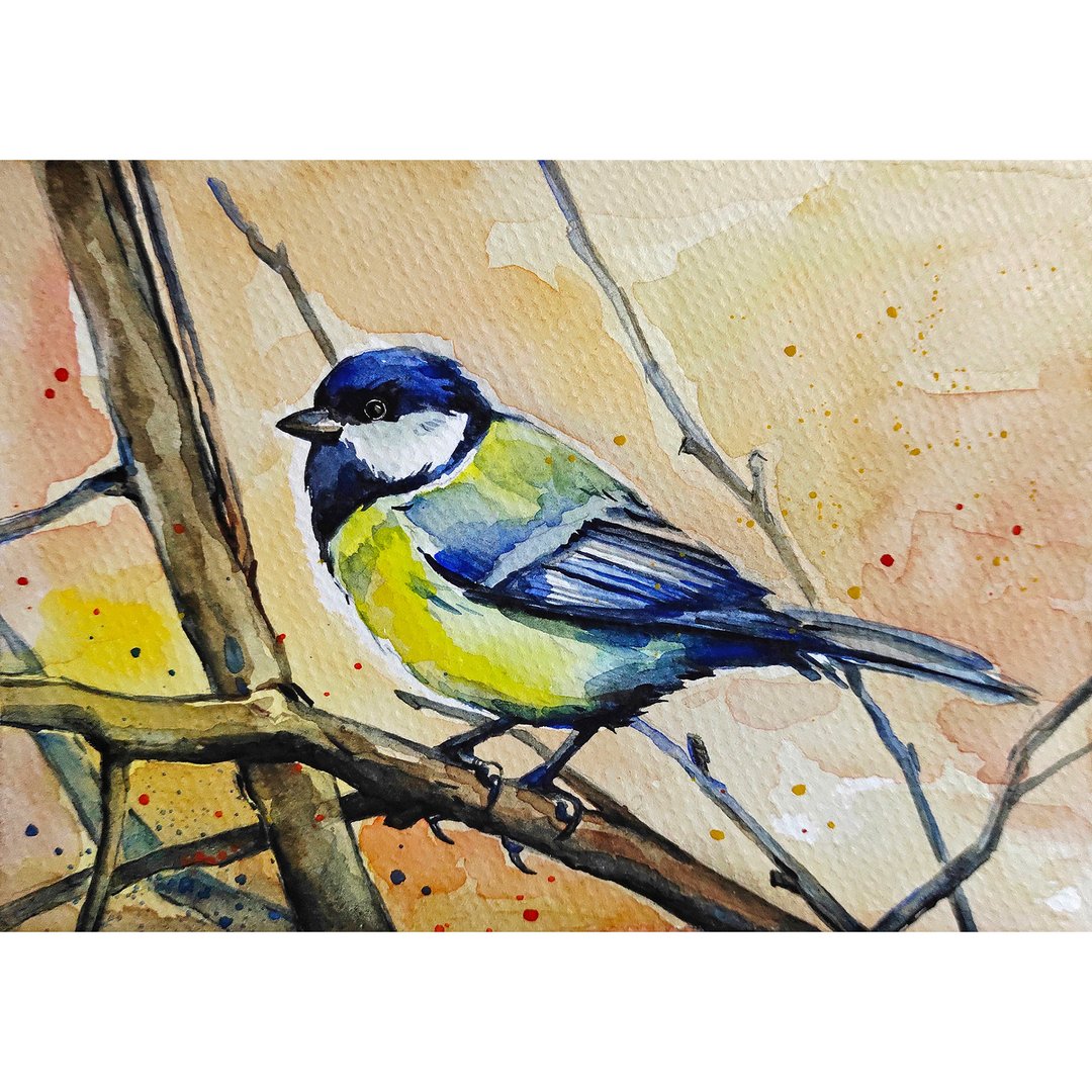 Chickadee Painting Blue Tit Original Art Bird Watercolor Painting Small Bird Art - 海报/装饰画/版画 - 纸 橘色