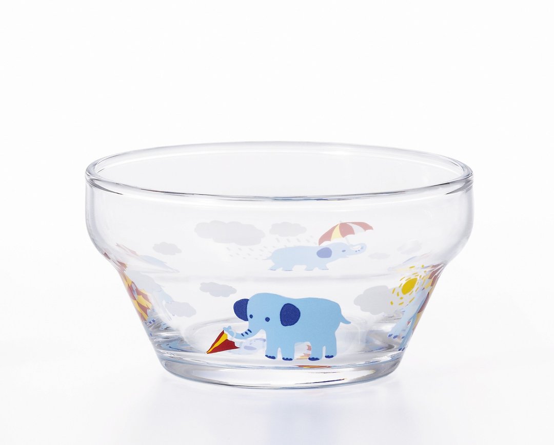 6079 Bowl Children's Glass [Tsuyoiko Ball Kakurenbo] Elephant Cute Easy to hold Small practice Hard to break Made in Japan - 碗 - 玻璃 蓝色