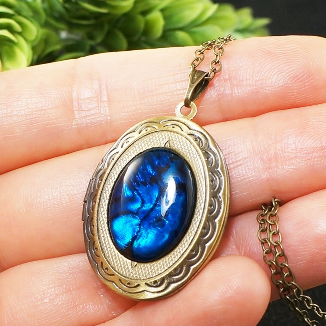 蓝色鲍鱼壳黄铜相框坠链 珍藏项链饰品 - 项链 - 其他材质 蓝色
