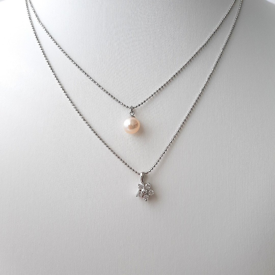 纯银双层项链 Akoya珍珠 珍珠项链 锆石 Akoya珍珠 吊坠 日本珍珠 pearl necklace 珍珠项链 珍珠项链 진주목걸이 - 项链 - 珍珠 