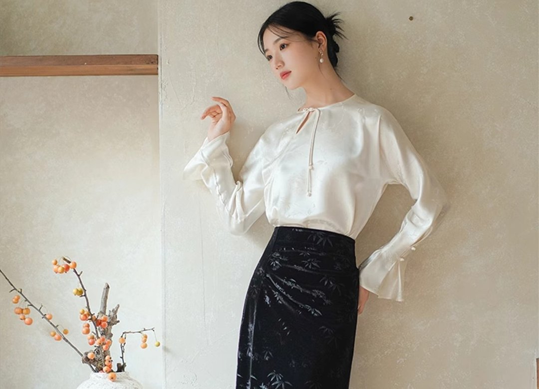 新中式中国风 暗纹提花气质缎面醋酸 上衣/半裙 - 女装衬衫 - 其他材质 白色