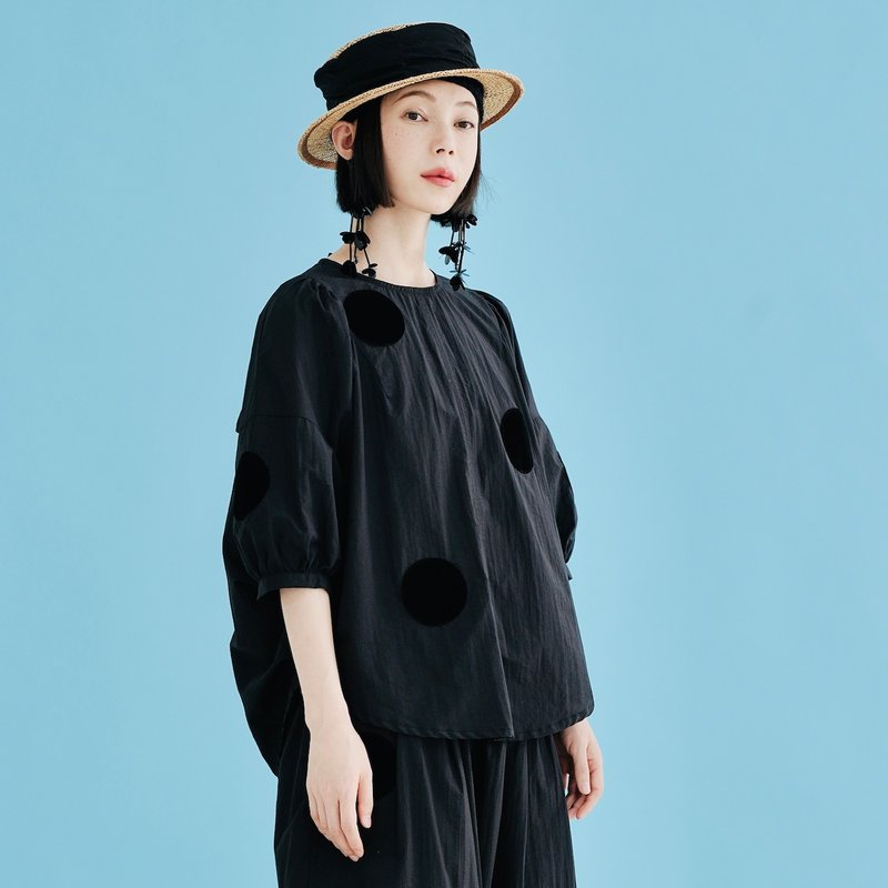 黑色冰川圆点上衣 / 休闲衬衫 - 女装上衣 - 棉．麻 黑色
