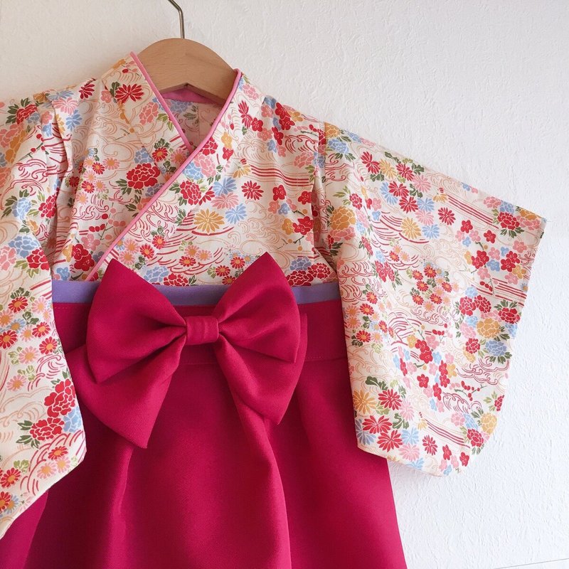 Hakama Dress 日本裤连衣裙-和小花 -Wine Red (女童/嬰兒/兒童) - 童装礼服/连衣裙 - 棉．麻 红色