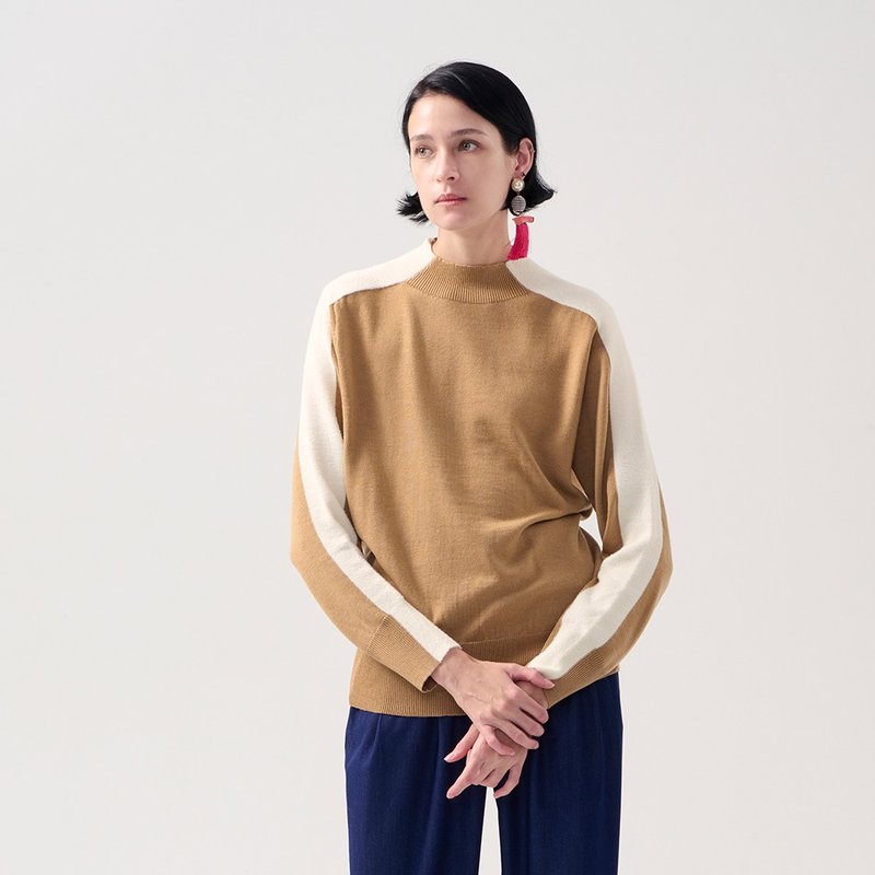 AVVJOY | 驼白撞色毛衣长袖宽松驼色 - 女装上衣 - 其他材质 