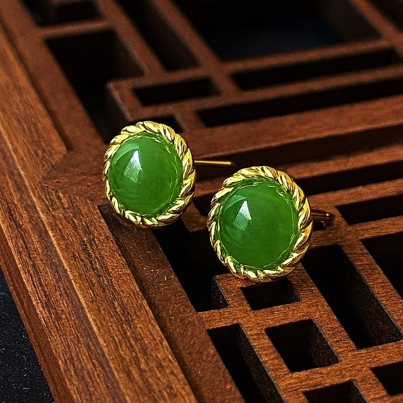圆仔 玉 耳环 天然碧玉 A货 925 纯银  礼物 - 耳环/耳夹 - 玉石 绿色