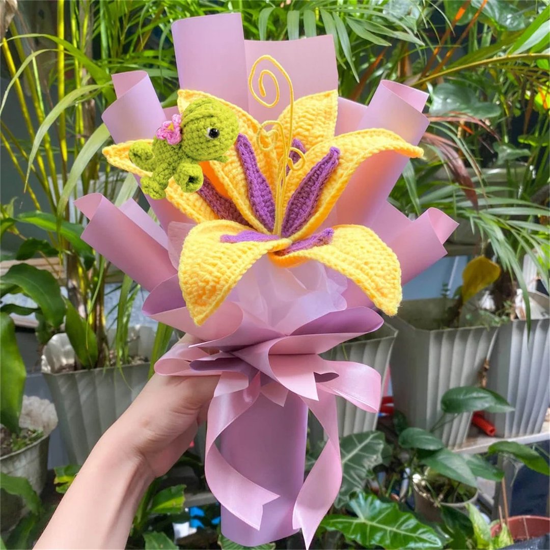 情人节礼盒  定制化礼物2026钩针黄紫色百合花变色龙花桩花 - 干燥花/捧花 - 棉 多色