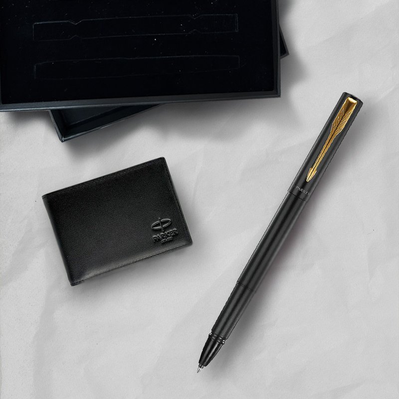 Parker 派克 新款威雅XL 黑杆金夹钢珠笔  牛皮短夹礼盒 免费刻字 - 钢珠笔 - 其他金属 黑色