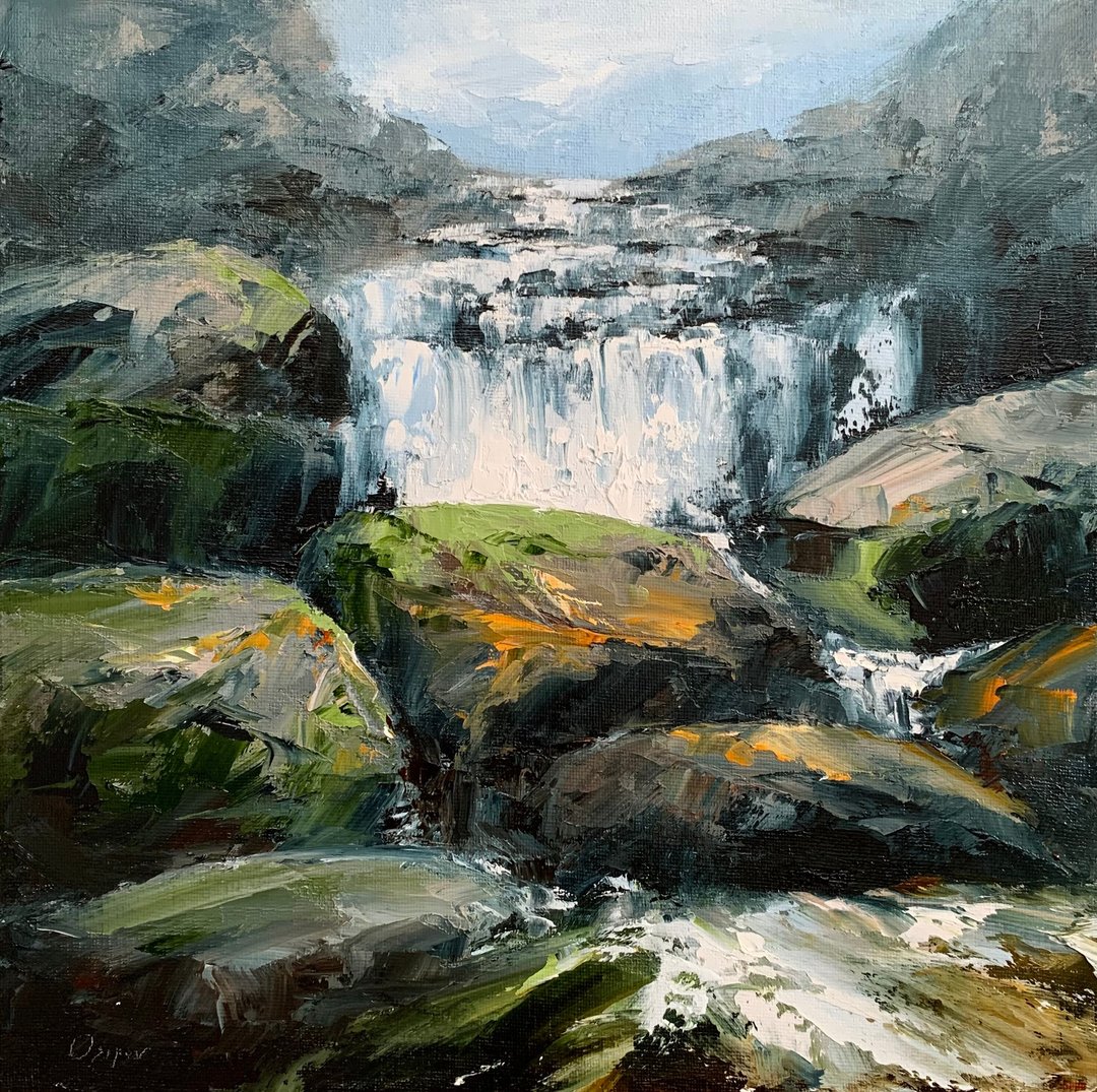 Original Waterfull Landscape Canvas Oil Painting Nautical Painting Impasto Art - 墙贴/壁贴 - 棉 多色