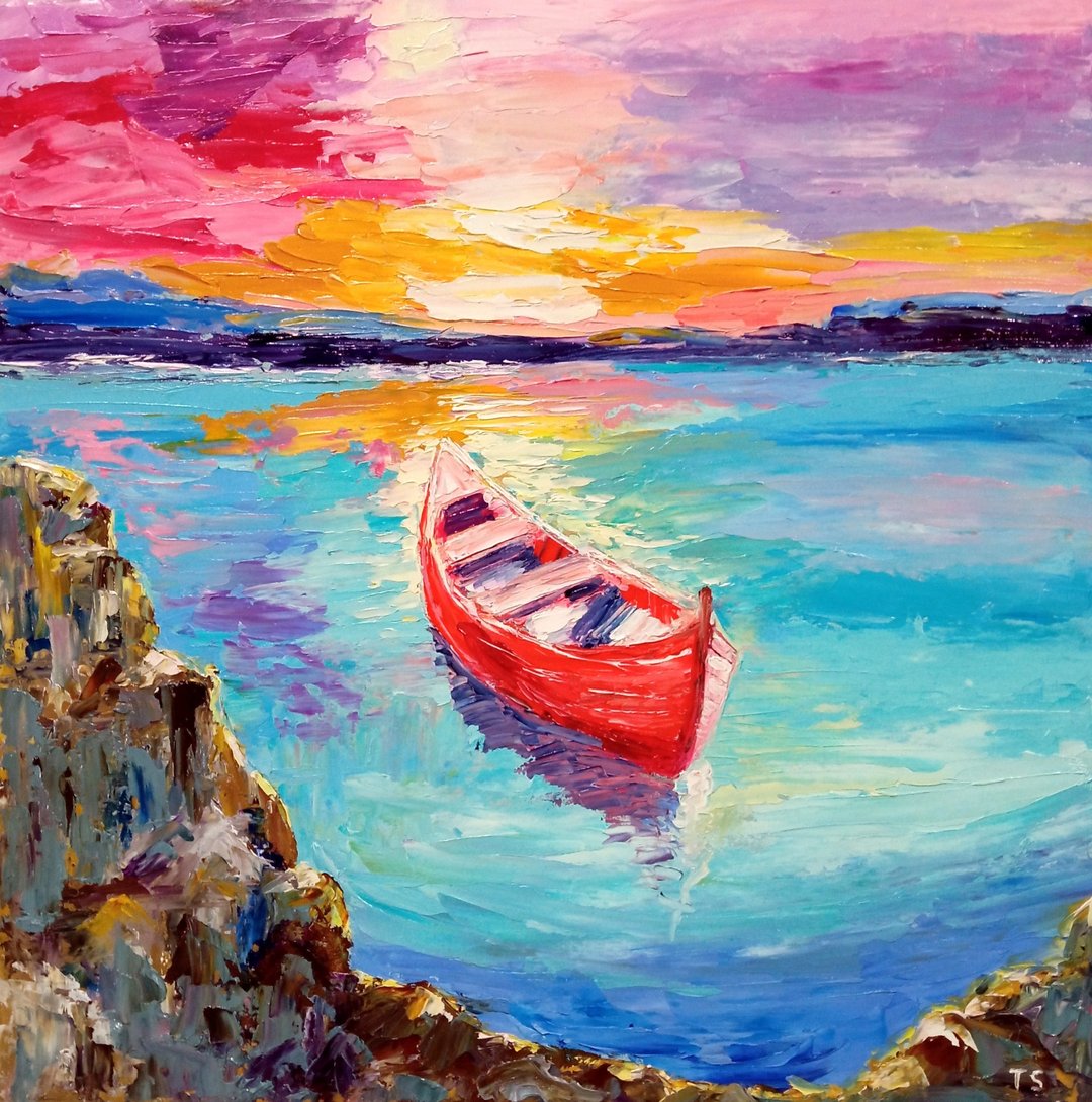 订制原创油画夕阳下的红船。 30x30 厘米。无框的。 - 墙贴/壁贴 - 其他材质 