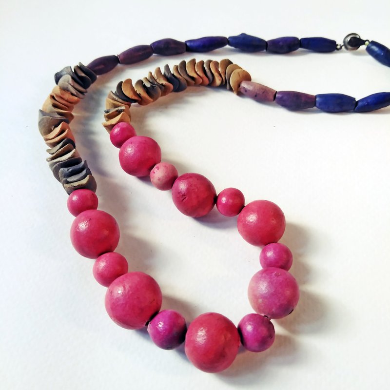 Colorful Handmade Pottery Clay Beads Necklace with Round Beads - 项链 - 陶 