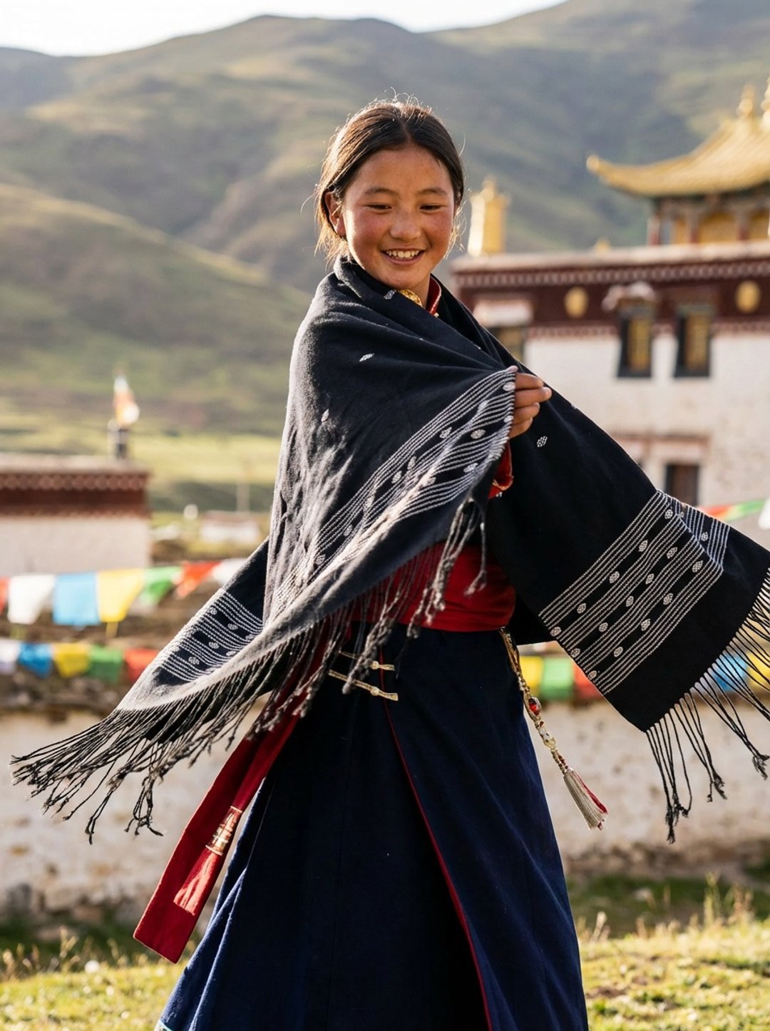 不丹妇女手工织制麻绵黑色大围巾披肩款 酷款 - 围巾/披肩 - 棉．麻 黑色