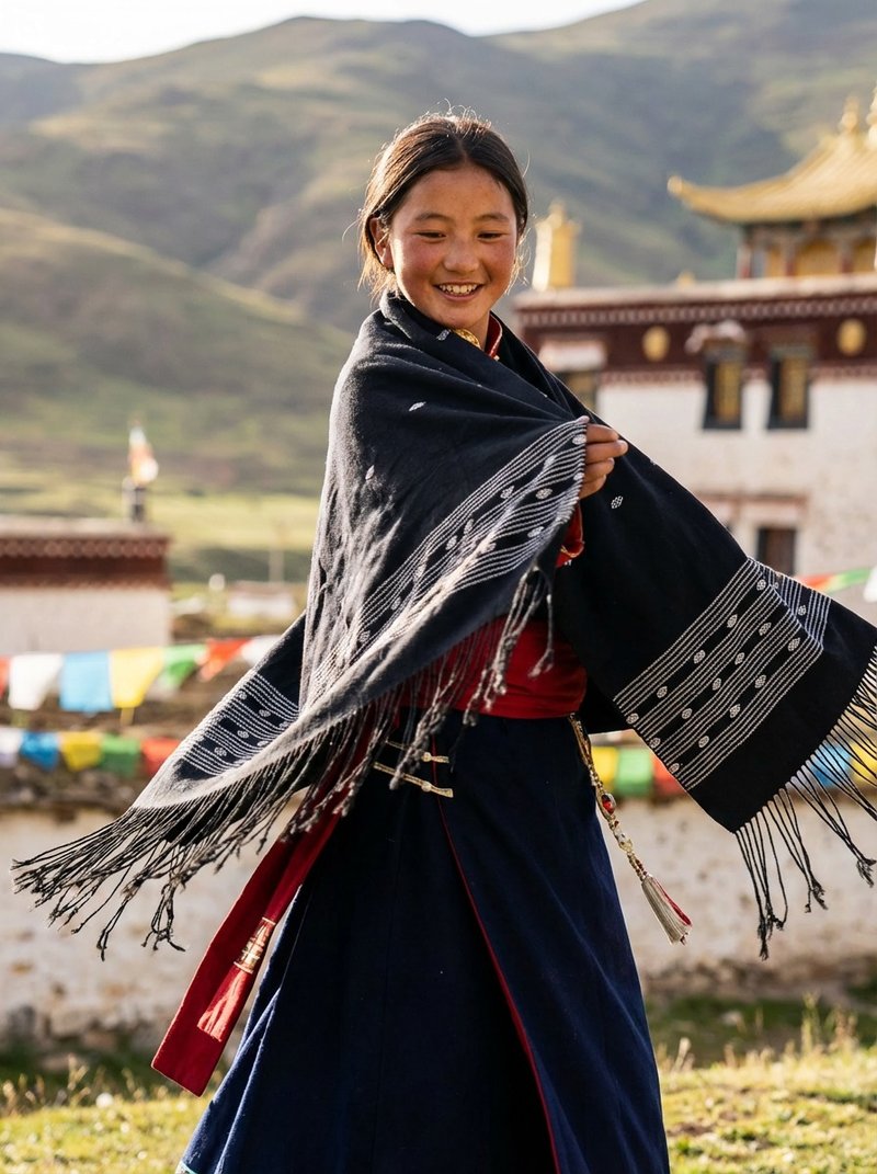 不丹妇女手工织制麻绵黑色大围巾披肩款 酷款 - 围巾/披肩 - 棉．麻 黑色