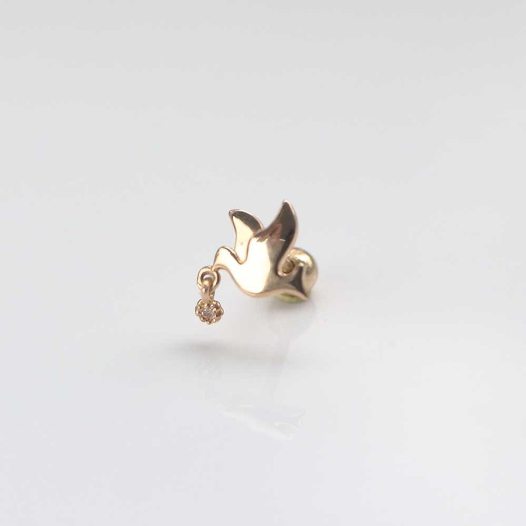 14K 金和平鸽锁珠耳环(单个)耳骨 耳窝 不退色 - 耳环/耳夹 - 贵金属 金色