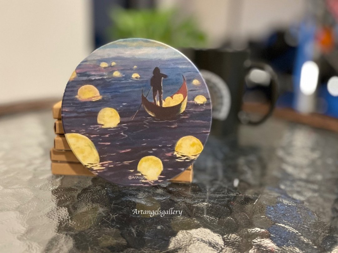 天使画廊原创油画陶瓷杯垫/月之河/杯垫/圣诞礼物/丰盛的礼物 - 杯垫 - 陶 蓝色