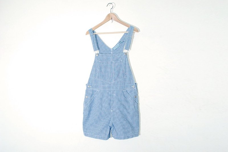 {:::Giraffe 长颈鹿人:::}_蓝白格古着牛仔短吊带裤 - 背带裤/连体裤 - 棉．麻 蓝色