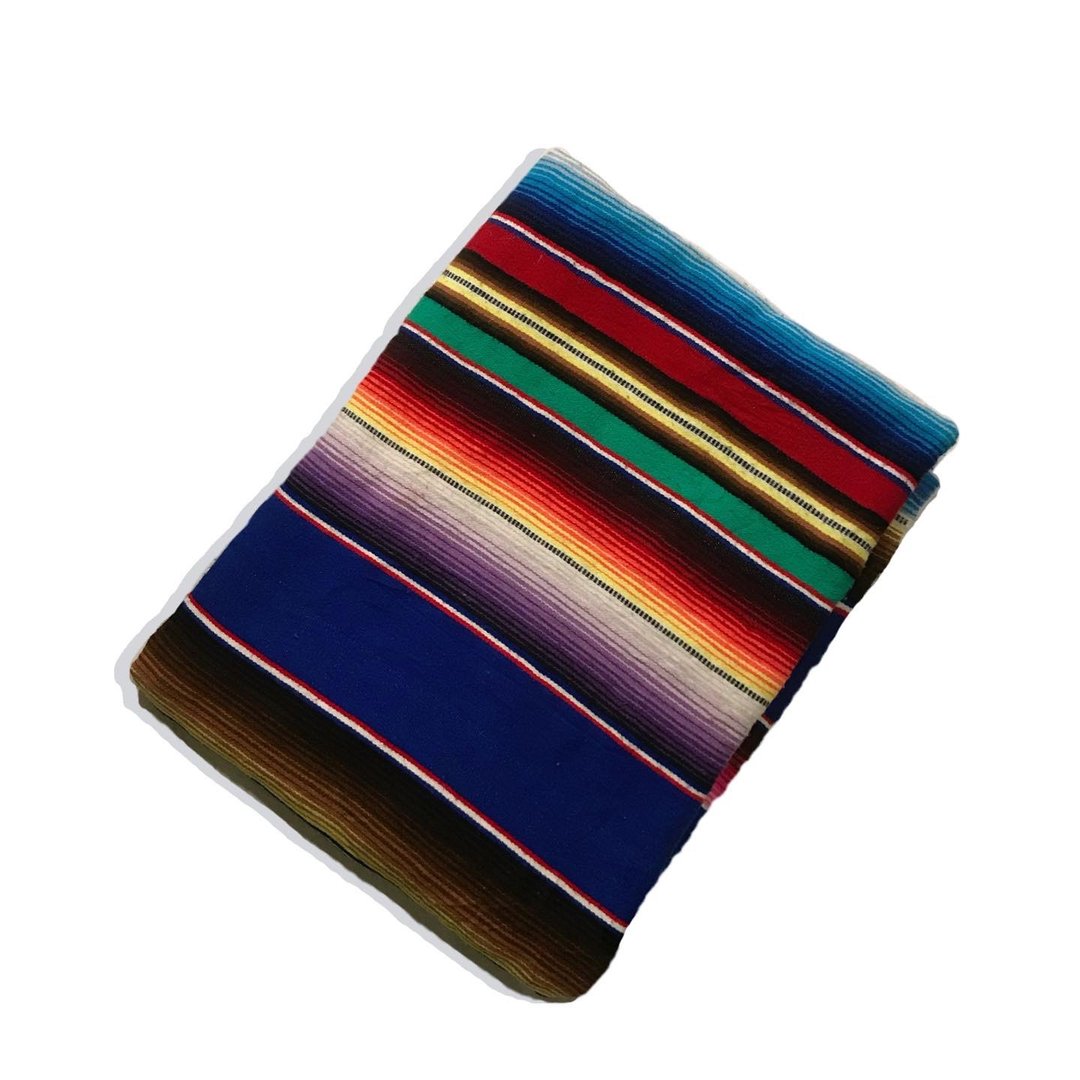 Vintage Mexico Serape 手工墨西哥宝蓝彩虹条纹毯子 - 地垫/地毯 - 其他材质 多色