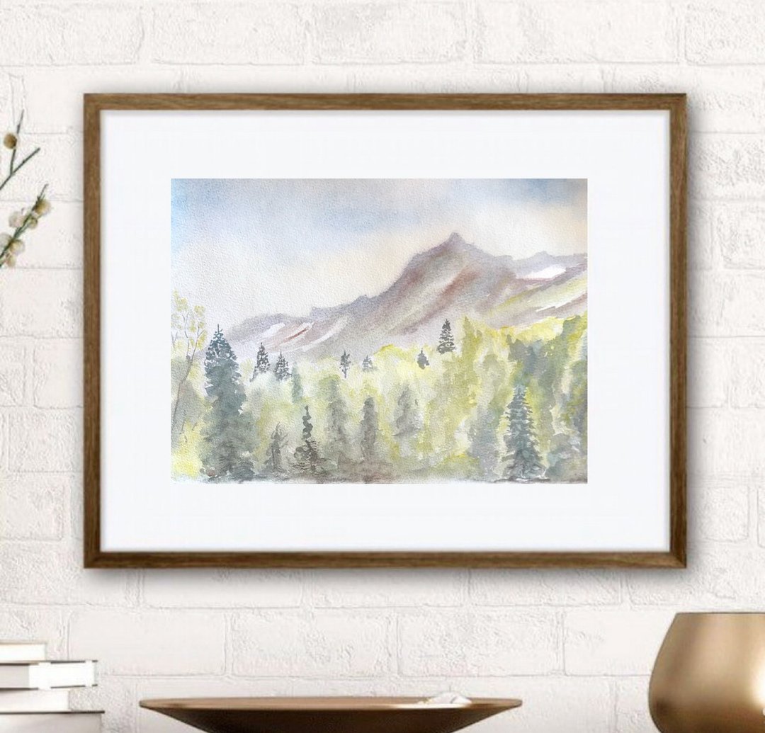 Mountains original watercolour painting landscape wall art - 墙贴/壁贴 - 纸 绿色