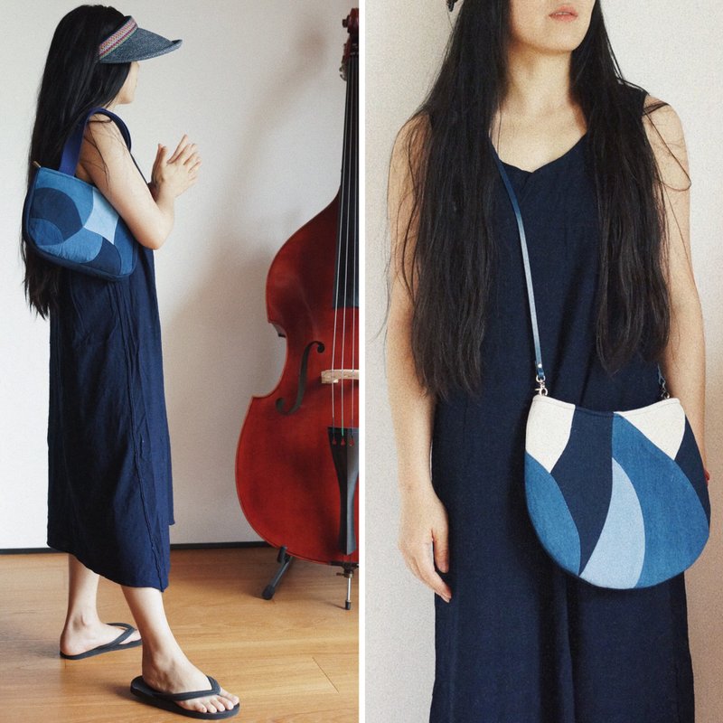 弧形拼布 indigo環保植物深淺藍染 文藝手拎包 斜挎背包 - 手提包/手提袋 - 棉．麻 蓝色