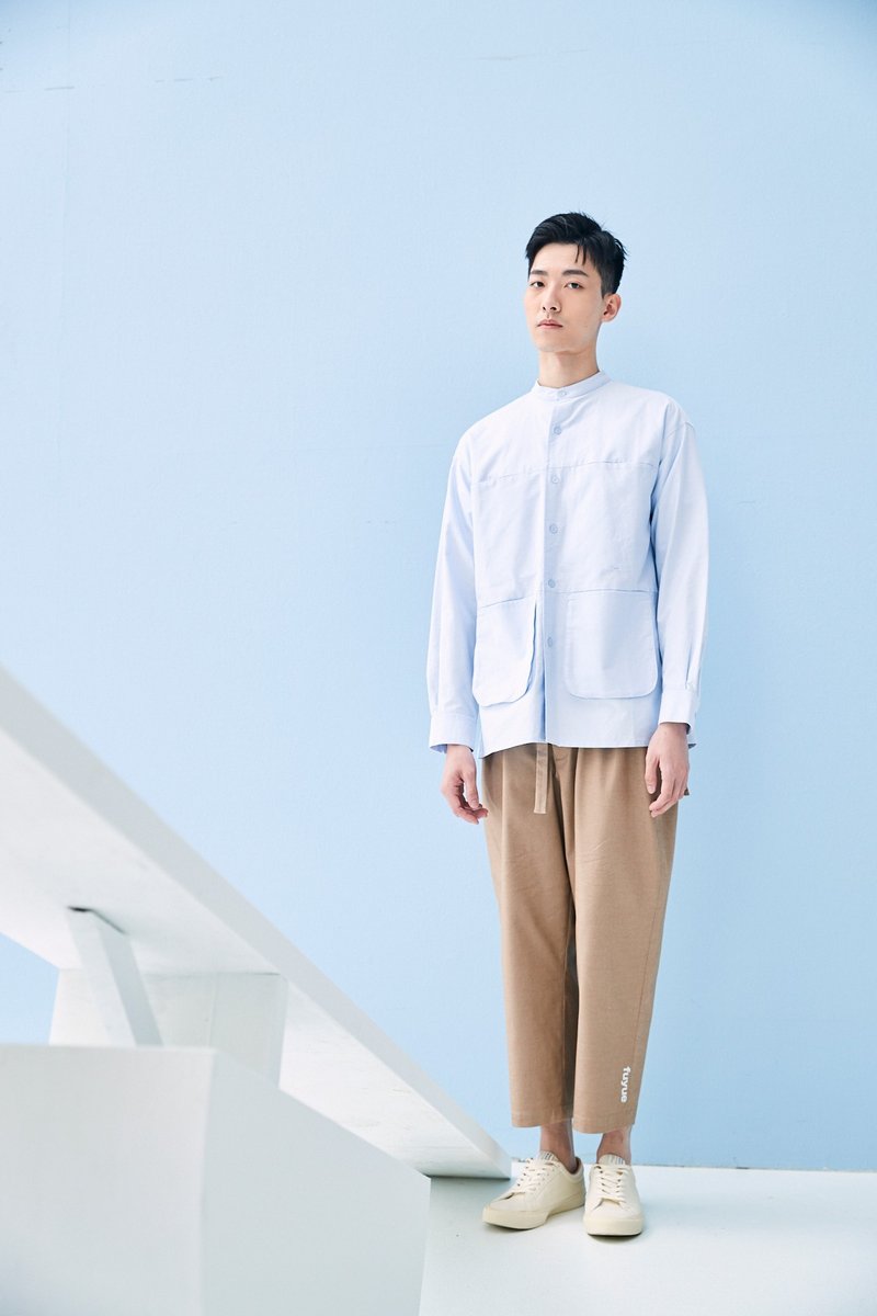 立领多口袋衬衫 - 男装衬衫 - 棉．麻 蓝色