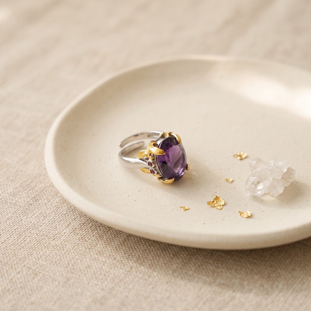 高品质-欧式S925银电镀18K金镶嵌天然紫水晶开口戒指 - 戒指 - 水晶 紫色