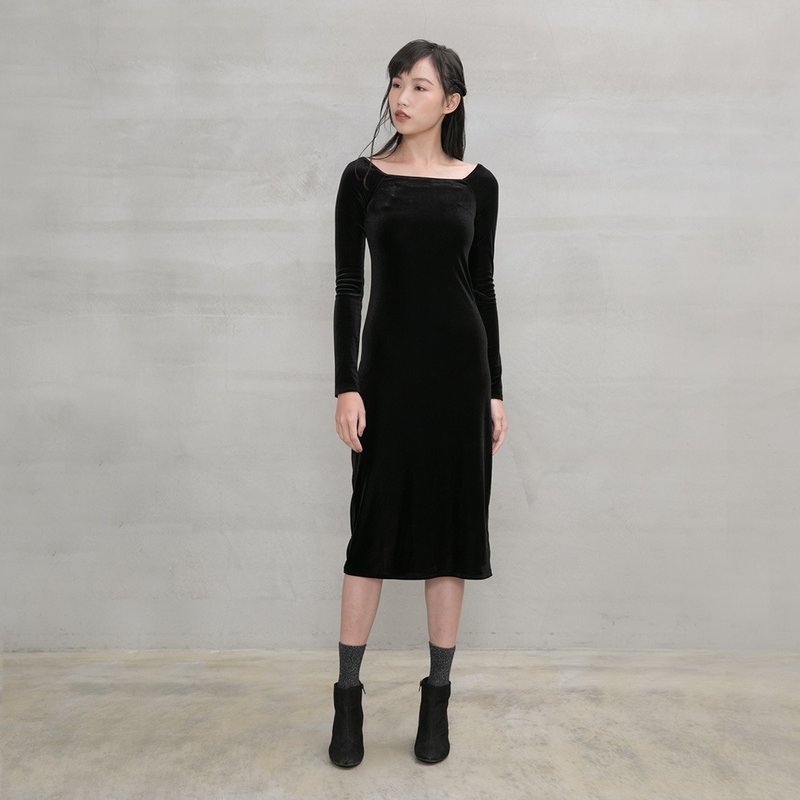黄金年代方领丝绒洋装 Square-neck Velvet Dress D166 - 洋装/连衣裙 - 其他人造纤维 多色