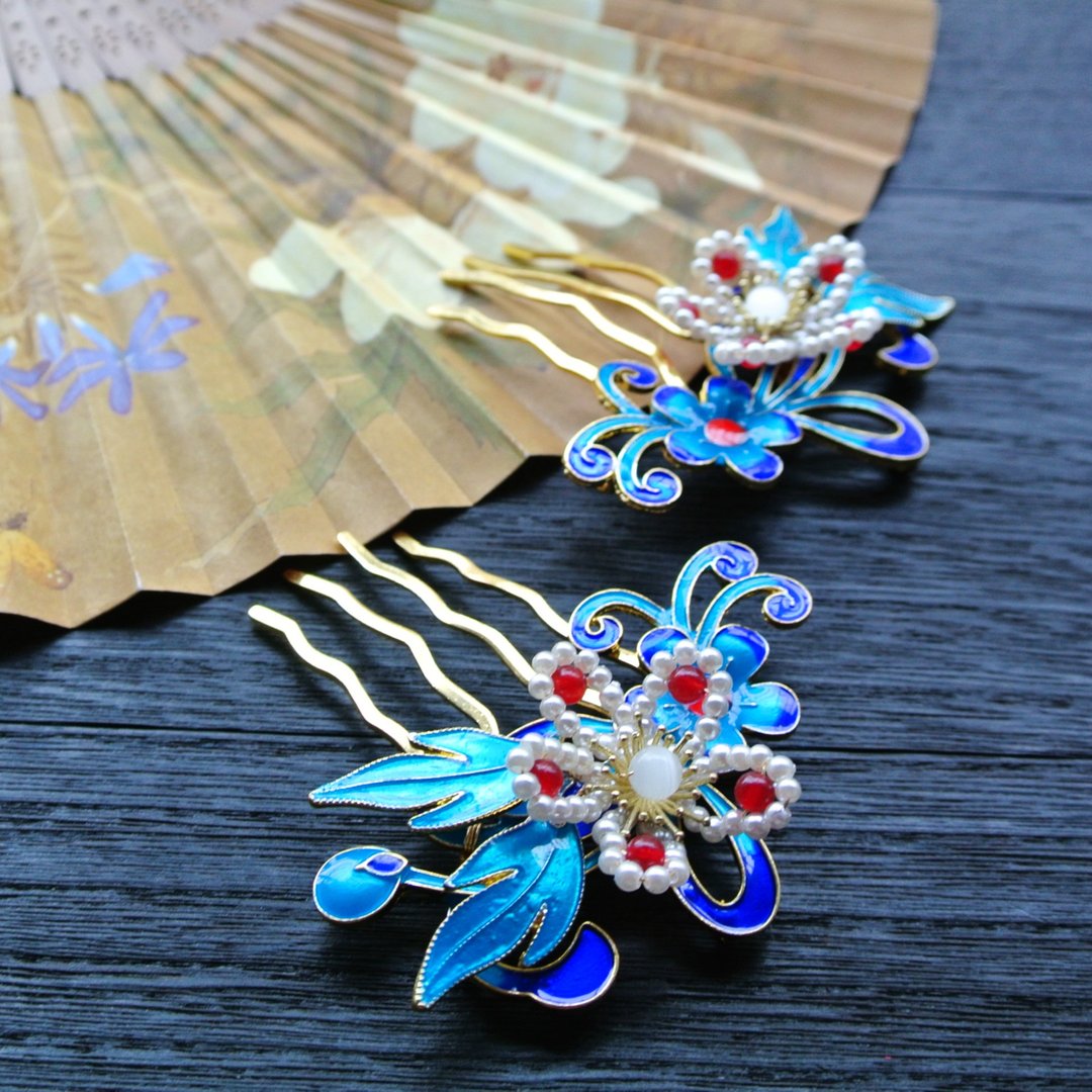 【墨徽阁】锦花四齿中发梳 - 发饰 - 铜/黄铜 蓝色