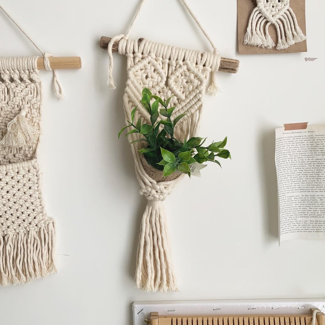Macrame  编织 原木 植物 吊篮 吊饰 - 摆饰 - 棉 白色