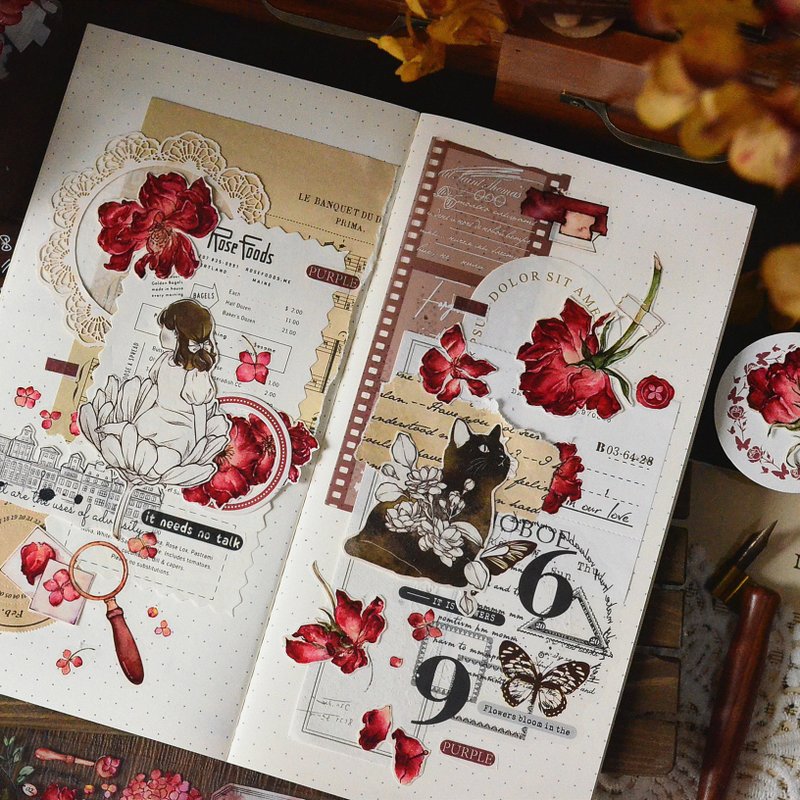 紅薔絕戀 复古花卉 PET 和纸胶带 - 纸胶带 - 纸 红色