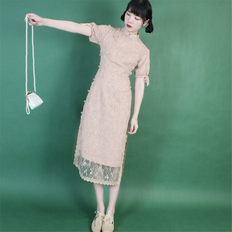 淡粉色 刺綉蕾絲復古上海灘旗袍 新中式中秋春節改良連身裙洋裝 - 旗袍 - 其他人造纤维 粉红色