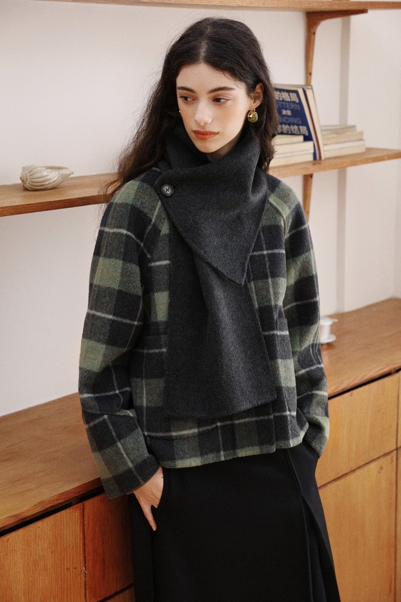 雪松綠格紋 灰林漫步 簡約復古羊毛混紡外套 雙面兩穿毛呢料大衣 - 女装休闲/机能外套 - 羊毛 绿色