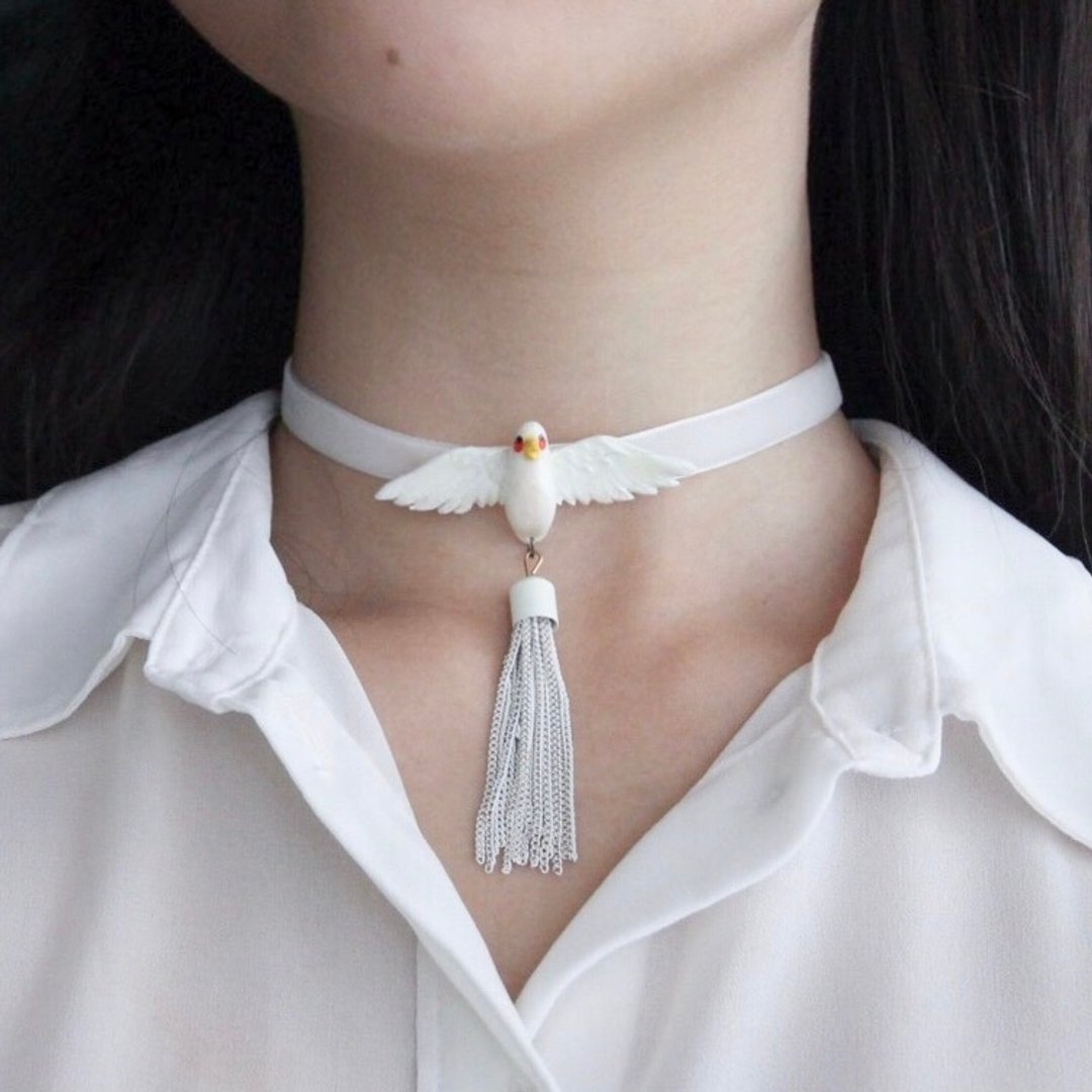 气质白色小鸟颈链/项链 白色绒带/Choker - 颈链 - 粘土 白色
