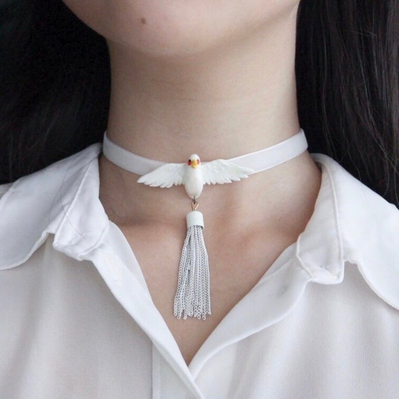 气质白色小鸟颈链/项链 白色绒带/Choker - 颈链 - 粘土 白色