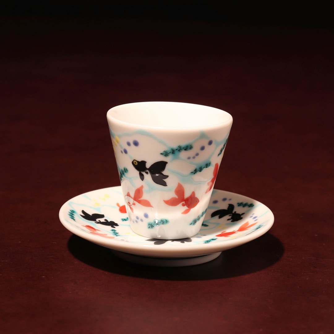 九谷烧 吉祥小杯 小碟组 金鱼 - 酒杯/酒器 - 瓷 