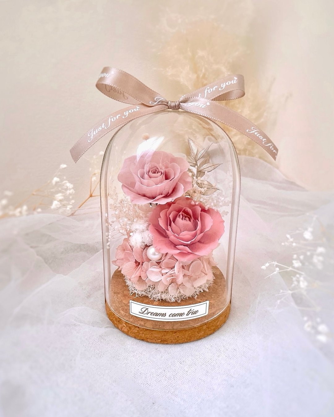 永生花玻璃盅 - 浪漫粉 l 粉色永生花 日本玫瑰 情人节礼物 - 干燥花/捧花 - 植物．花 粉红色