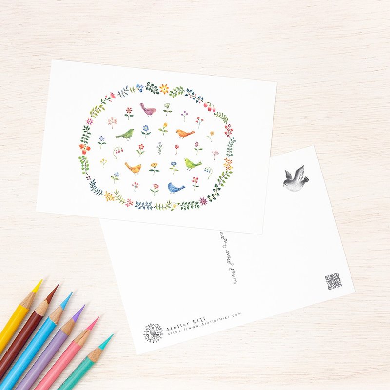 5枚セット。とある庭の物語。ポストカード "鳥と花の秘密の庭" PC-89 - 卡片/明信片 - 纸 粉红色