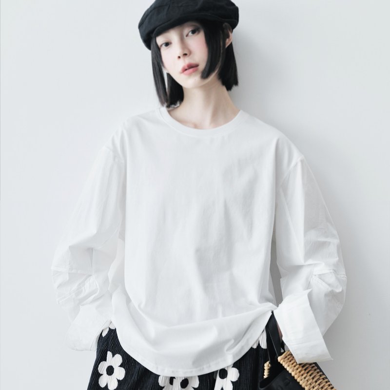 日系纯棉白色长袖上衣 / 衬衫 - 女装上衣 - 棉 白色