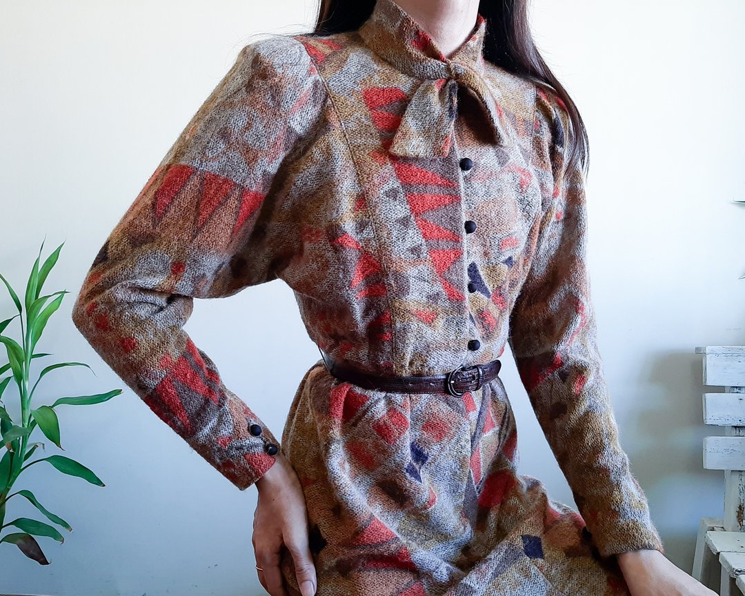 复古 70 年代 80 年代羊毛抽象连衣裙领带蝙蝠袖几何 - 洋装/连衣裙 - 羊毛 咖啡色