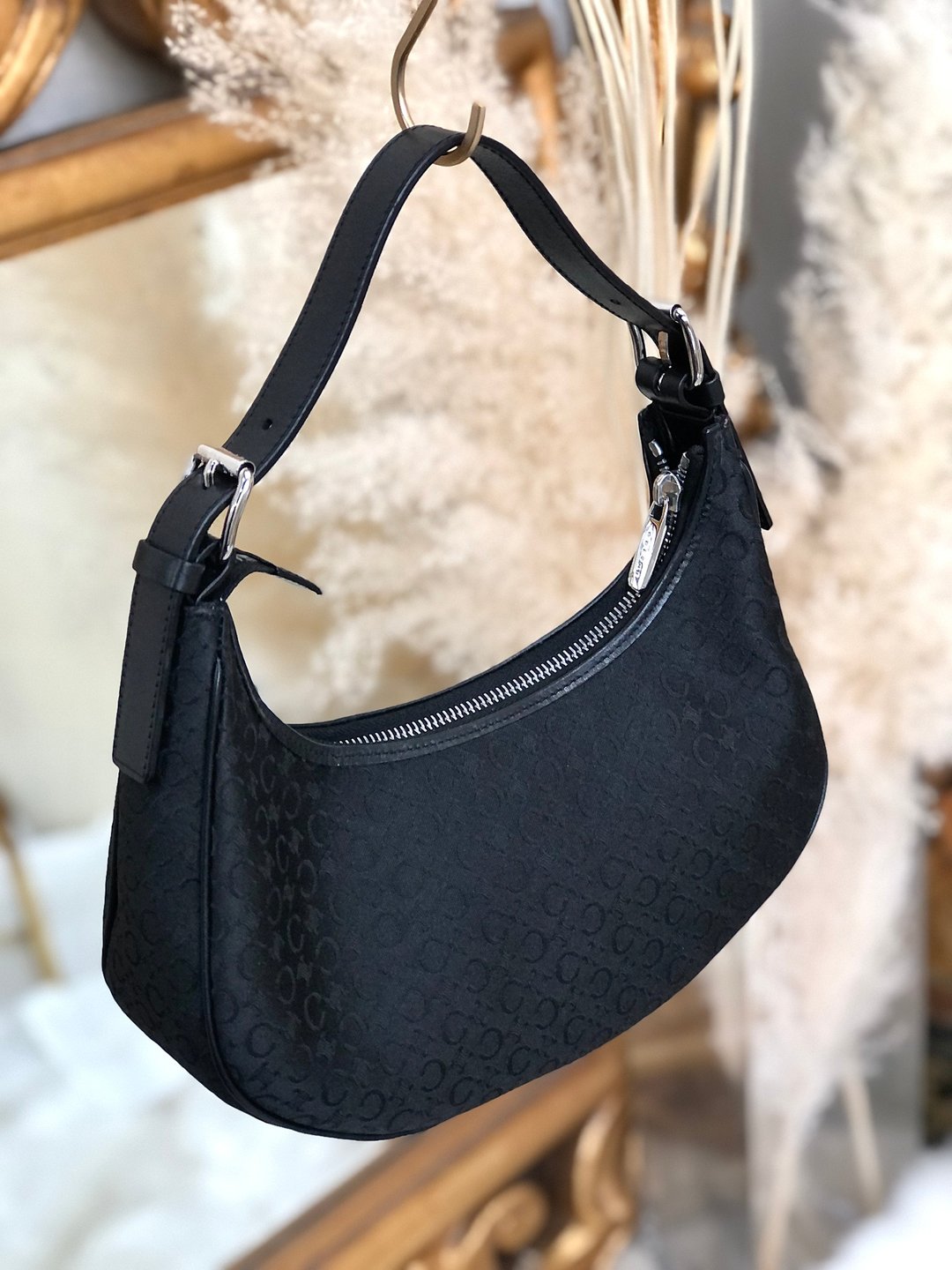 [ VintageShop solo ]CELINE Blason Jacquard x Leather Hobo AVA Shoulder Bag Black Old Celine fu6dc - 侧背包/斜挎包 - 棉 黑色