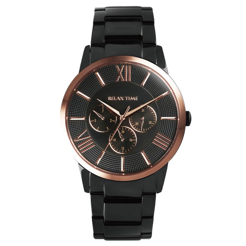 RELAX TIME 三眼腕表 黑潮王者－玫瑰金 (RT-81-6) - 男表/中性表 - 不锈钢 黑色